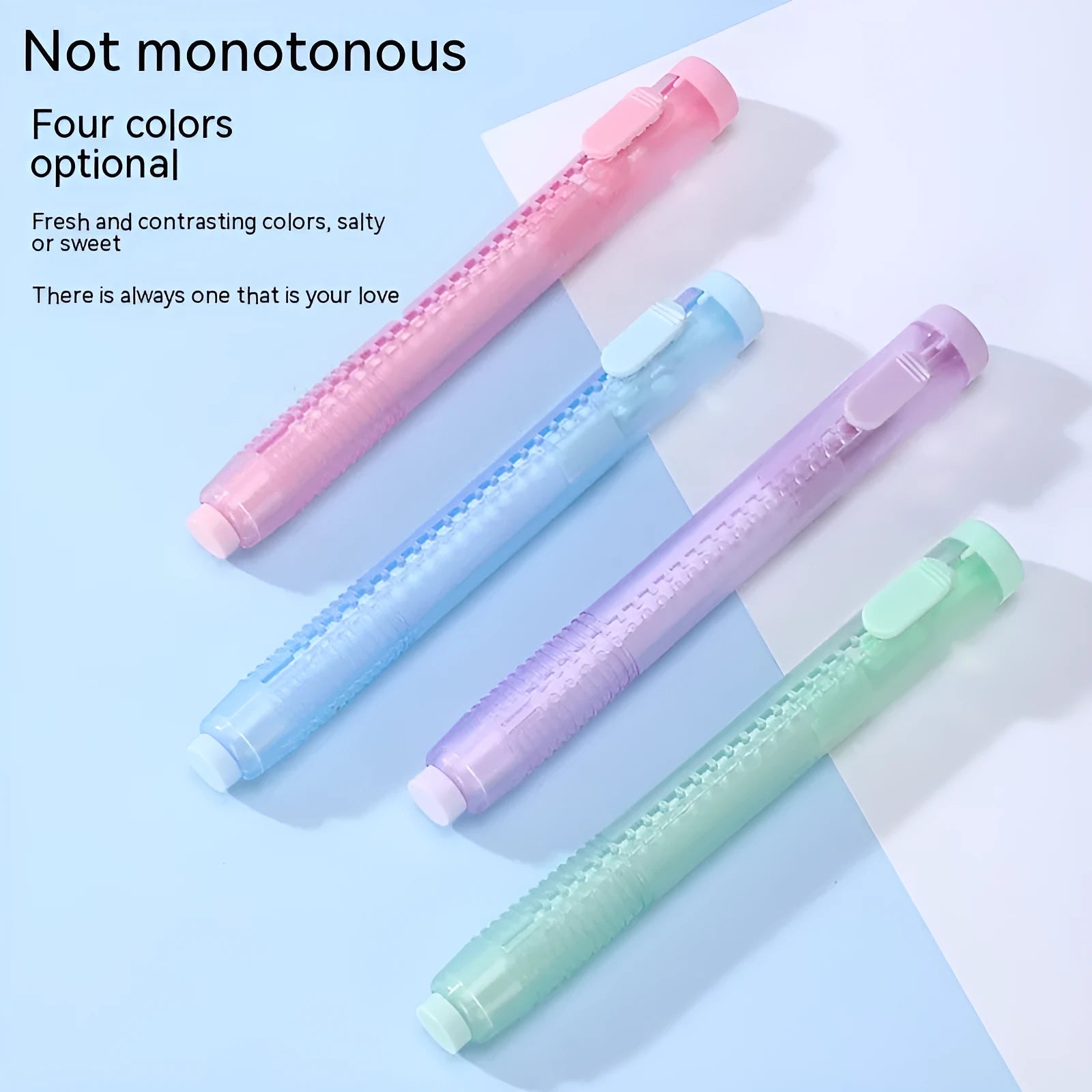 Push type traceless children's automatic eraser in blue, green, pink, and purple colours