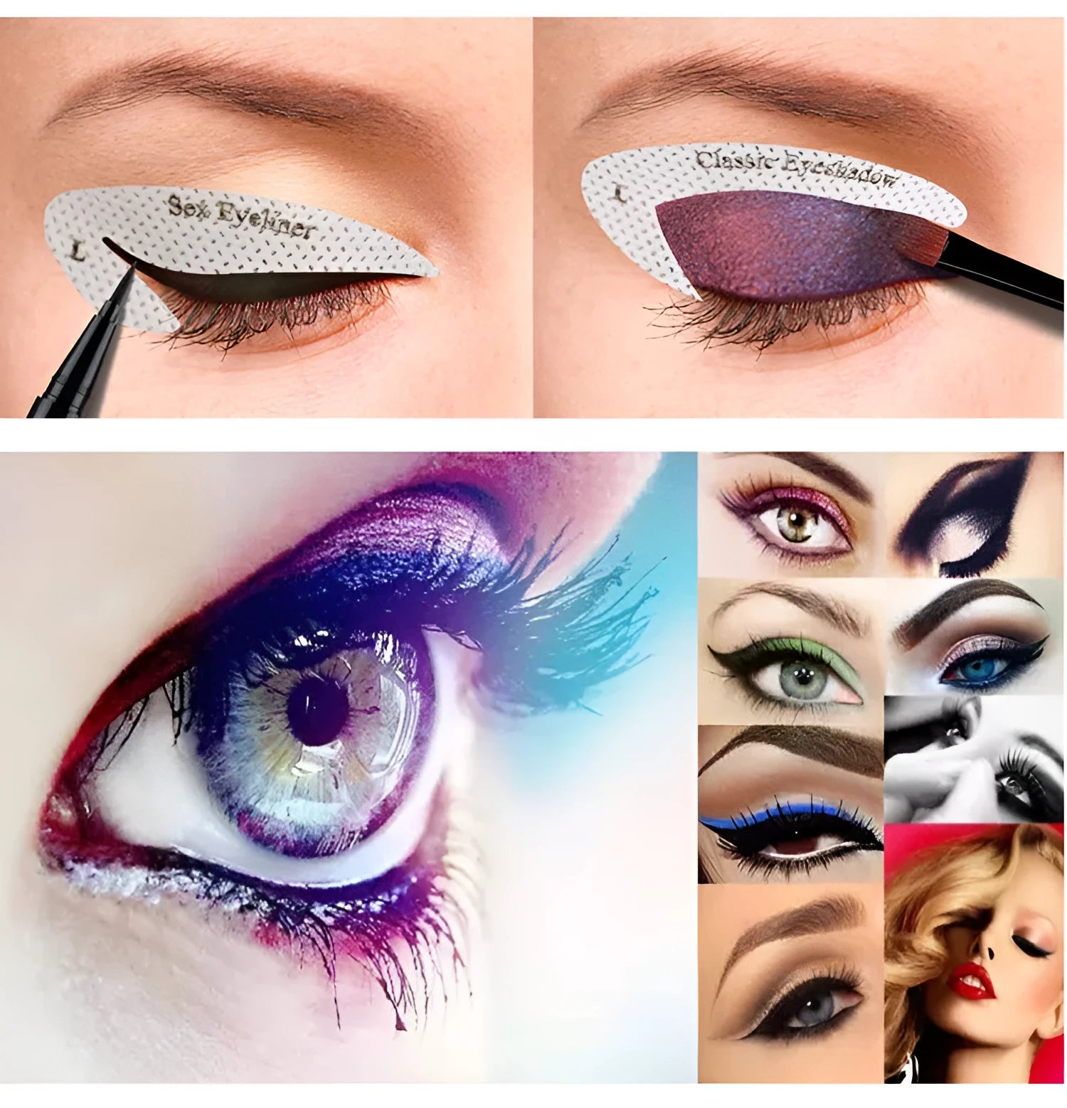 Set of four reusable flexible vinyl eyeliner and eyeshadow makeup stencil stickers on a table.