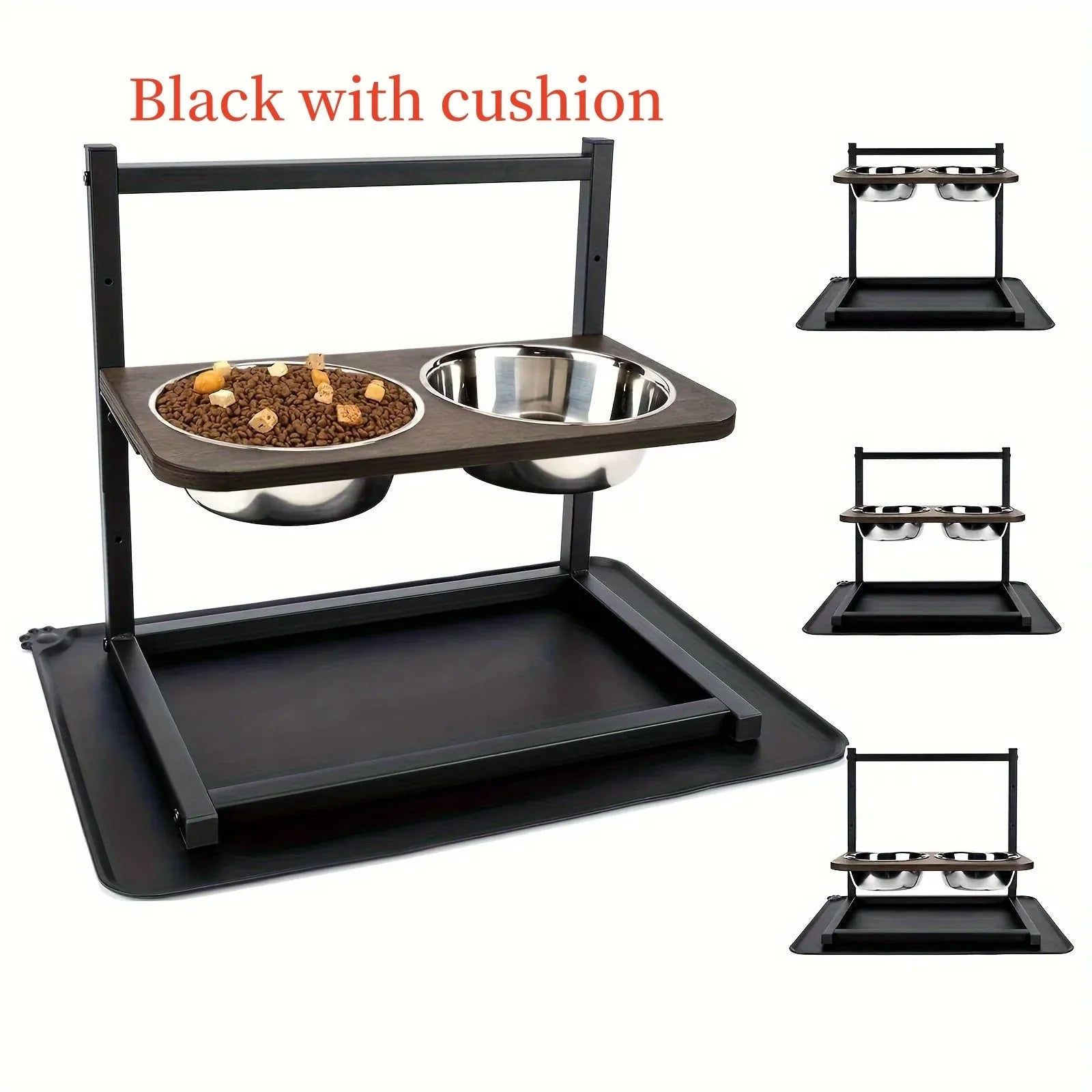 Black iron raised dog food and water bowl stand with separate cushions