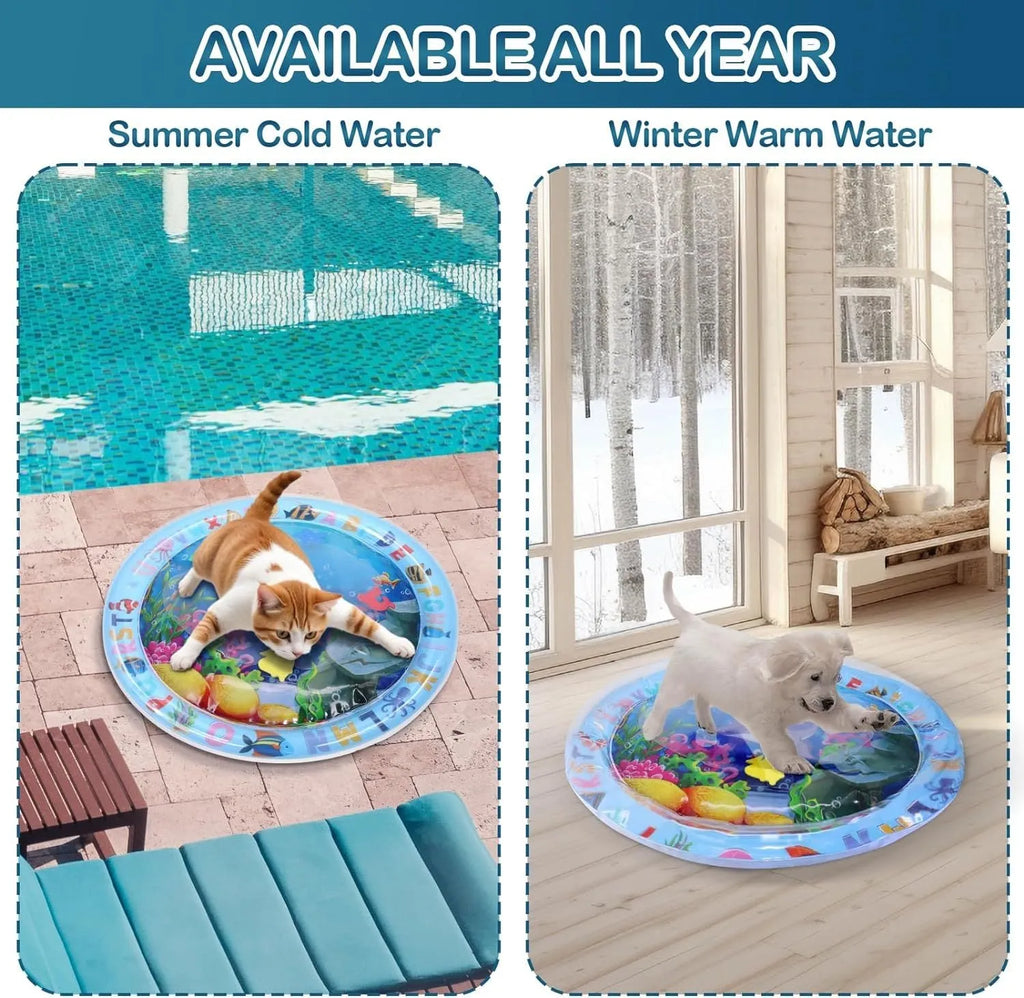 Ocean-themed blue water sensory playmat for cats with floating fish toys inside on a floor