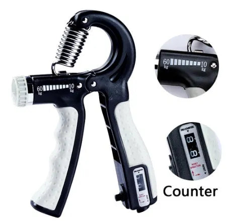 Adjustable hand grip with mechanical counter showing black ABS handles and stainless steel spring on white background