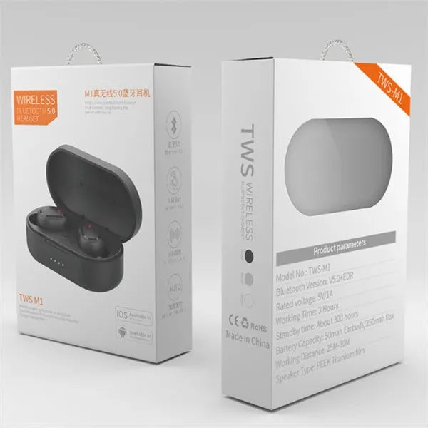 Black and white Bluetooth headphones with earbud design for wireless stereo sound