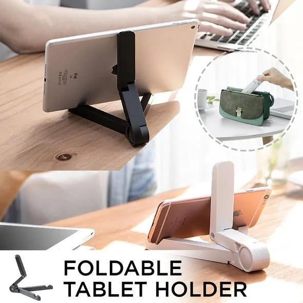 Black foldable tablet holder displaying adjustable angles with phone in landscape mode on non-slip surface