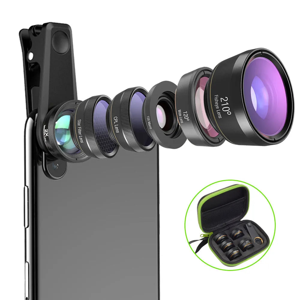 Black 6-in-1 smartphone camera lens kit with fisheye, macro, wide-angle, telephoto, CPL and star filter lenses on universal clip.