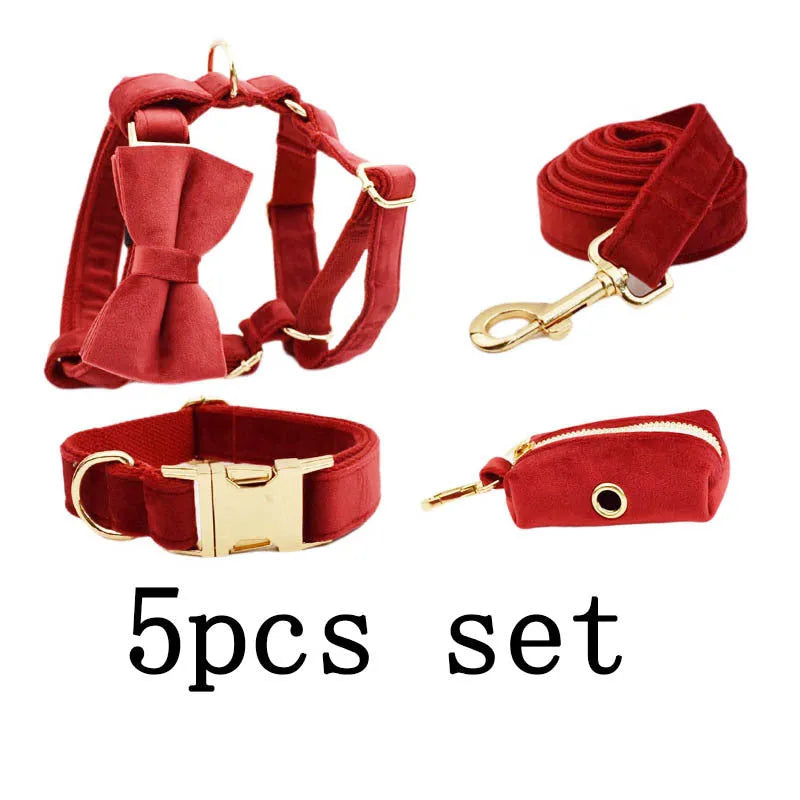 Cloth dog collar, leash, vest, bow tie, flower, and poo bag set for small to extra-large dogs