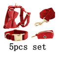 Cloth dog collar, leash, vest, bow tie, flower, and poo bag set for small to extra-large dogs