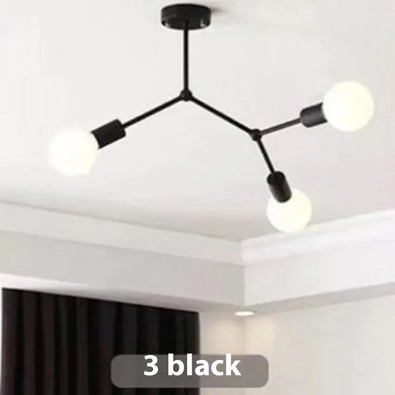Black iron chandelier ceiling lamp with multiple bulbs in a Nordic style.