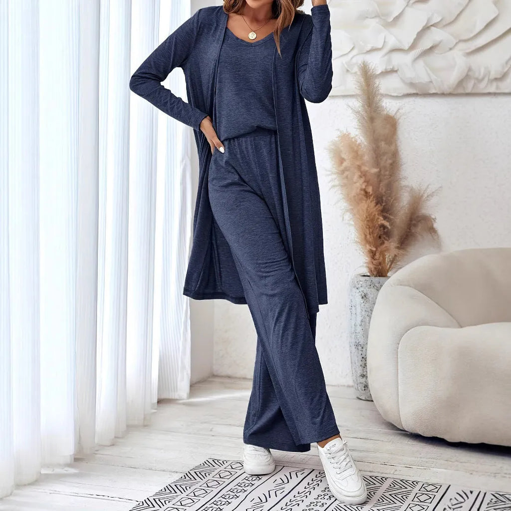 Blue polyester women's casual three-piece suit with sling top, cardigan and trousers