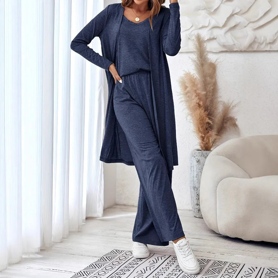 Blue polyester women's casual three-piece suit with sling top, cardigan and trousers