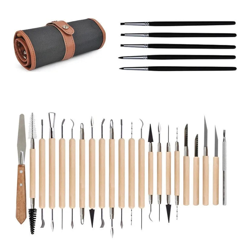 27-piece pottery clay tool set with stainless steel, wood, and plastic sculpting tools rolled in a package.