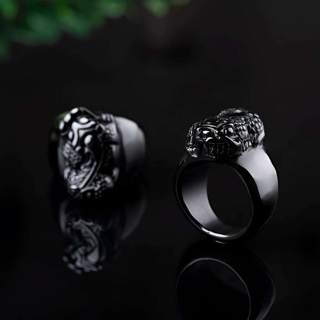 Men's gold sheen obsidian Pixiu thumb ring on an alloy band, shown in domineering style.