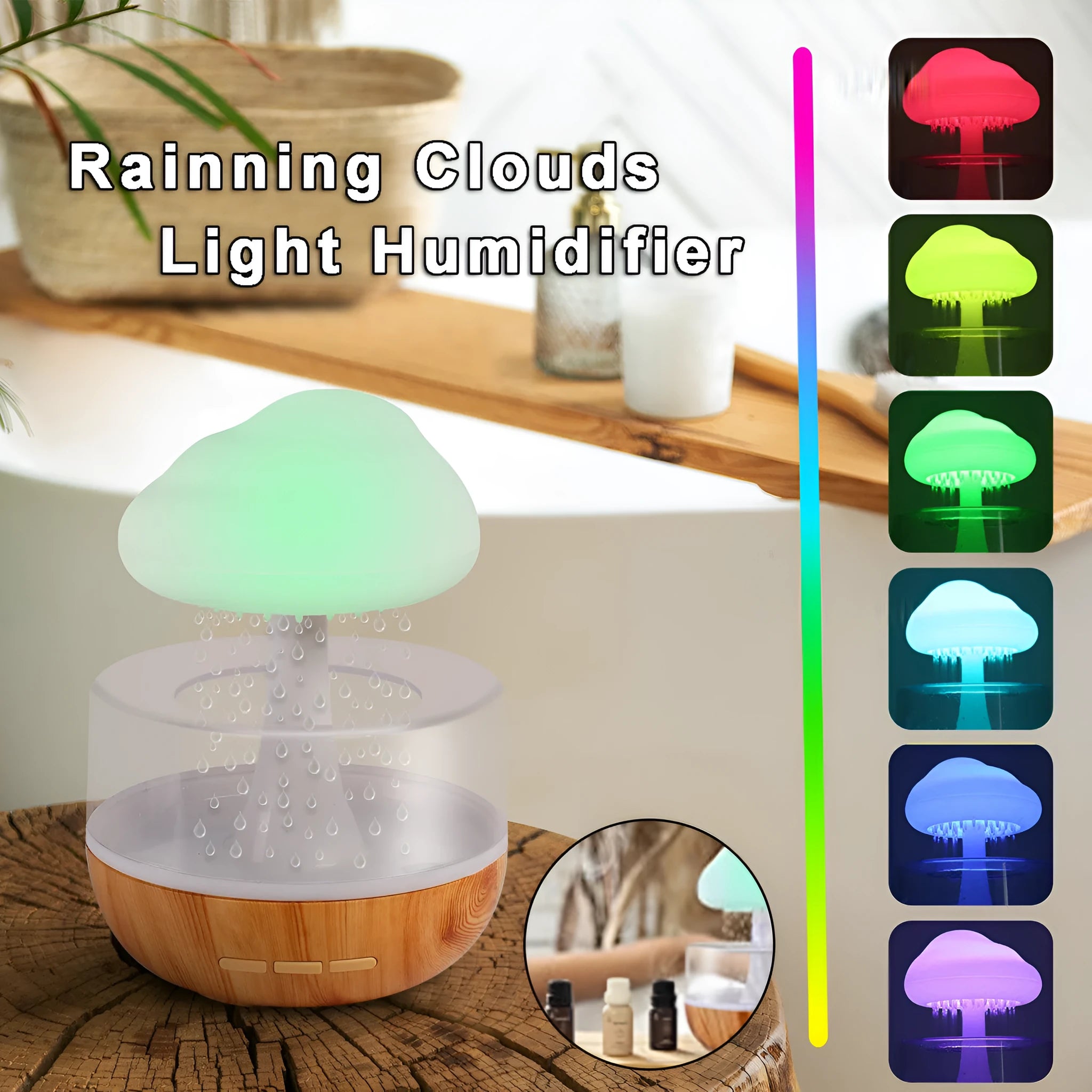 White cloud-shaped humidifier with multi-colour night light and essential oil diffuser on a table.