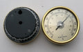 Circular aluminium analogue thermometer and hygrometer with temperature and humidity dials.