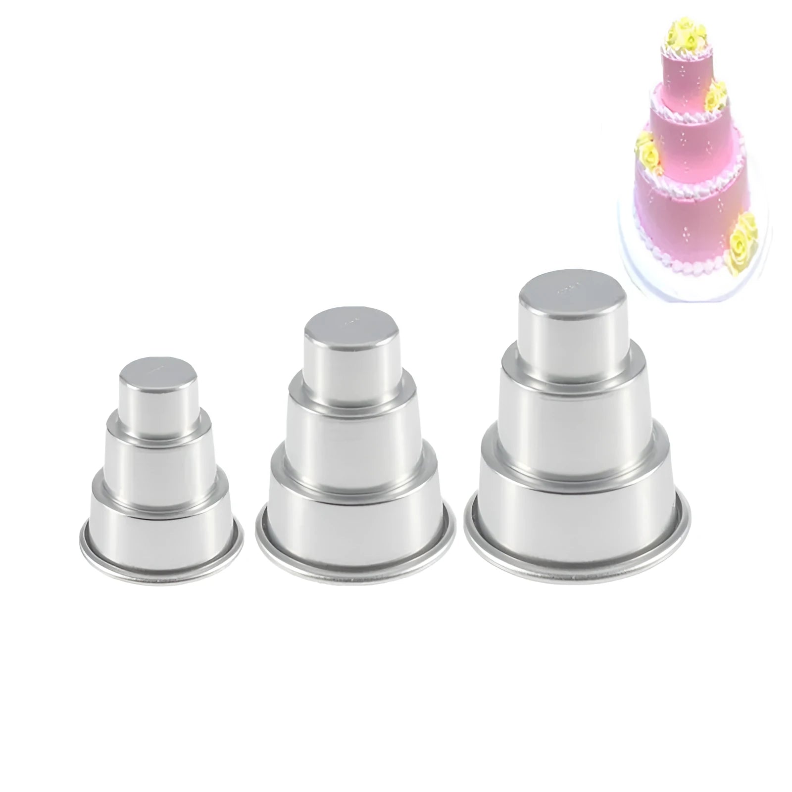 Silver aluminium alloy three-layer cake mould set with large, medium, and small size options for baking