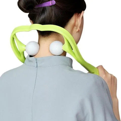 Blue plastic neck massager with adjustable stand and hand roller for pressure point therapy