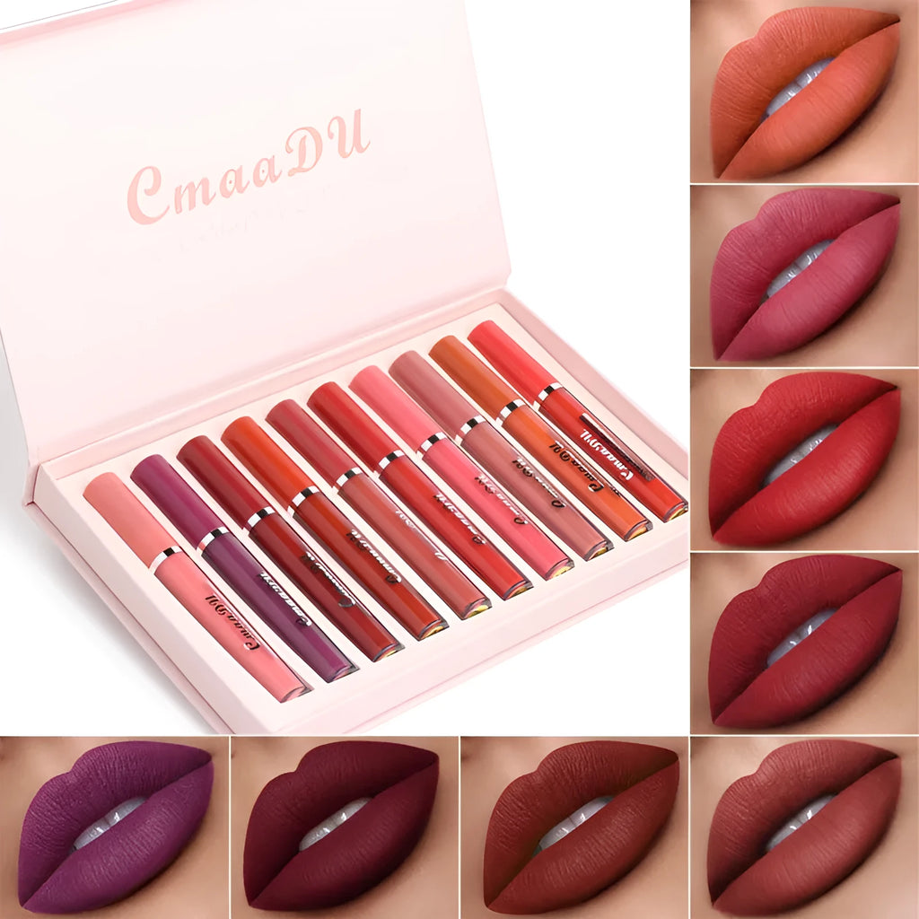 Box containing 10 women's non-stick cup waterproof matte lipsticks in assorted photo colours.