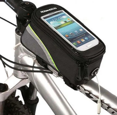 ROSWHEEL black PVC bicycle frame phone bag holder mounted on a bike, showing iPhone compatibility.