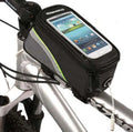 ROSWHEEL black PVC bicycle frame phone bag holder mounted on a bike, showing iPhone compatibility.