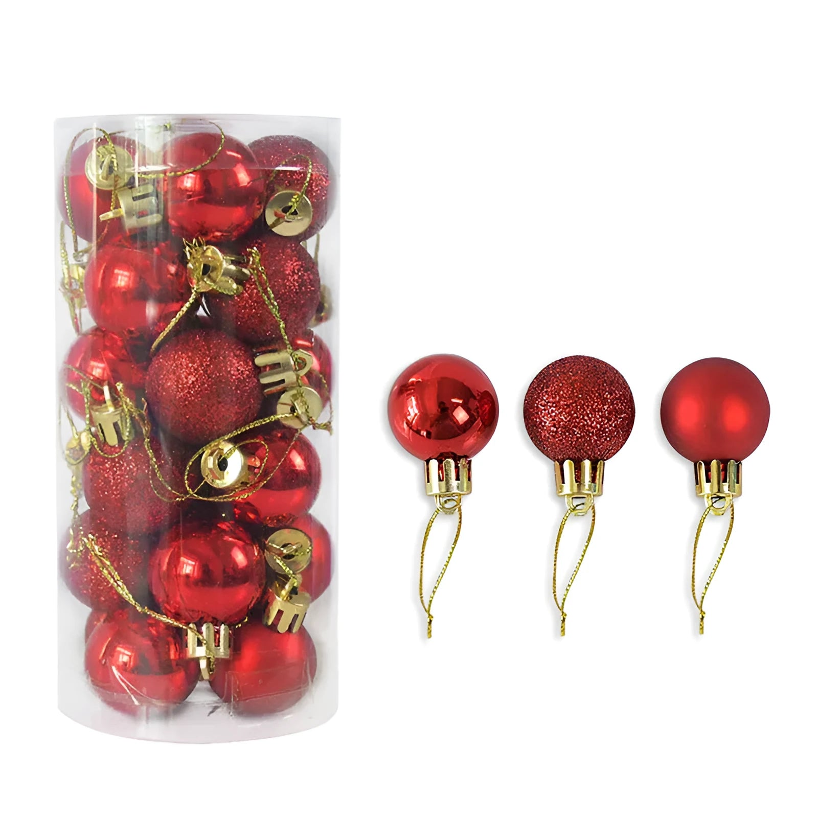 3cm shiny matte Christmas balls in multiple colours including gold, red, silver, blue displayed in box and barrel packaging