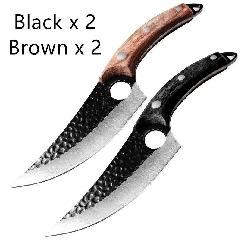 Butcher knife set with curved scimitar blade and straight boning knife in leather sheath
