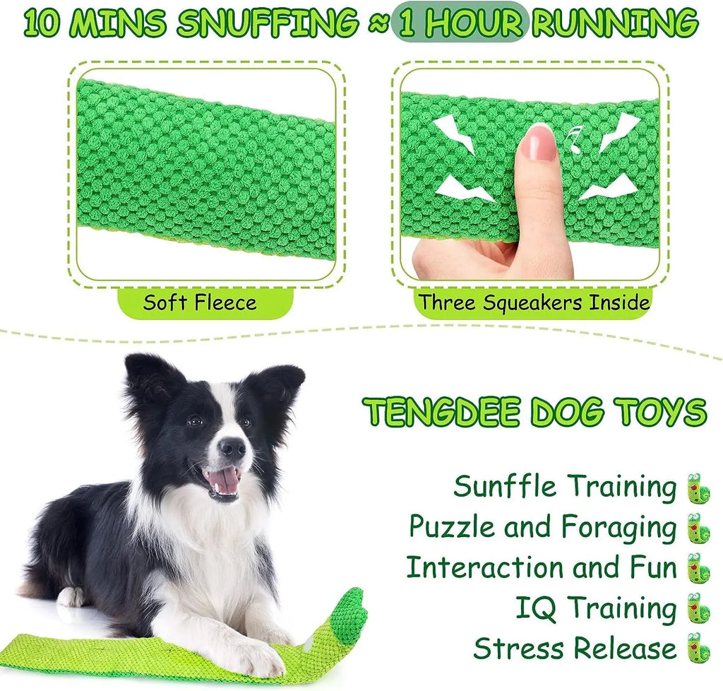 Reversible squeak dog snuffle toy in snail shape with hidden food holes, made of thick green velvet.