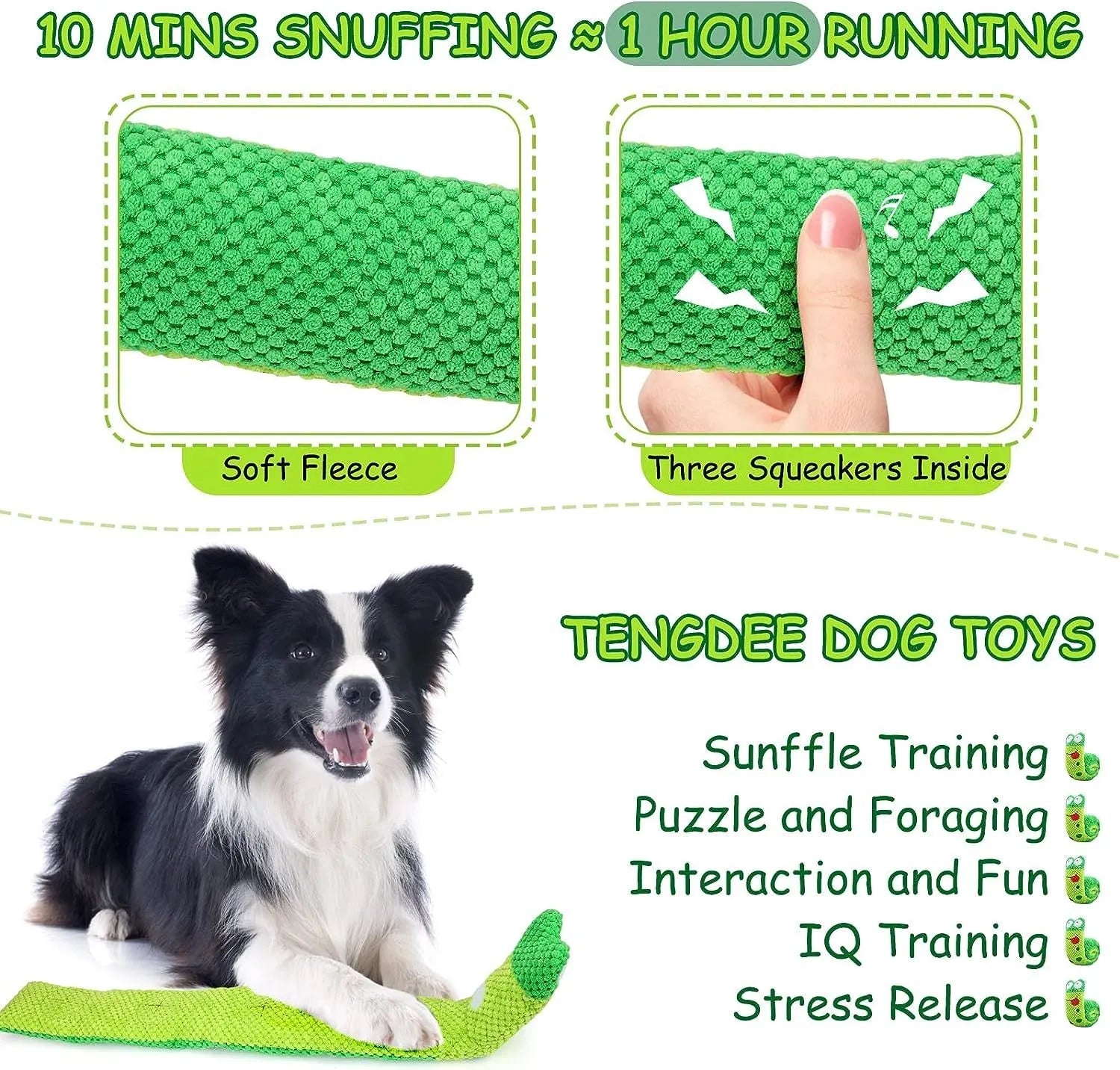 Reversible squeak dog snuffle toy in snail shape with hidden food holes, made of thick green velvet.