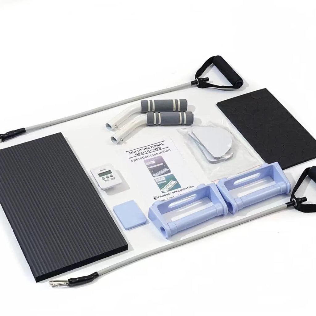 Purple foldable plastic fitness board lying flat on a floor.