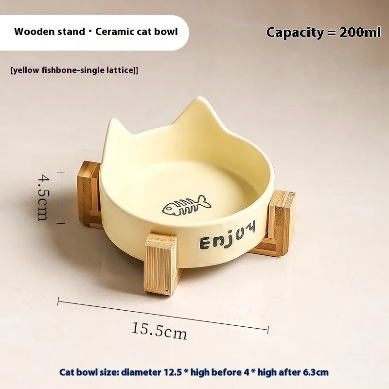 Porcelain cat bowls with wooden frame in cat ear paw design