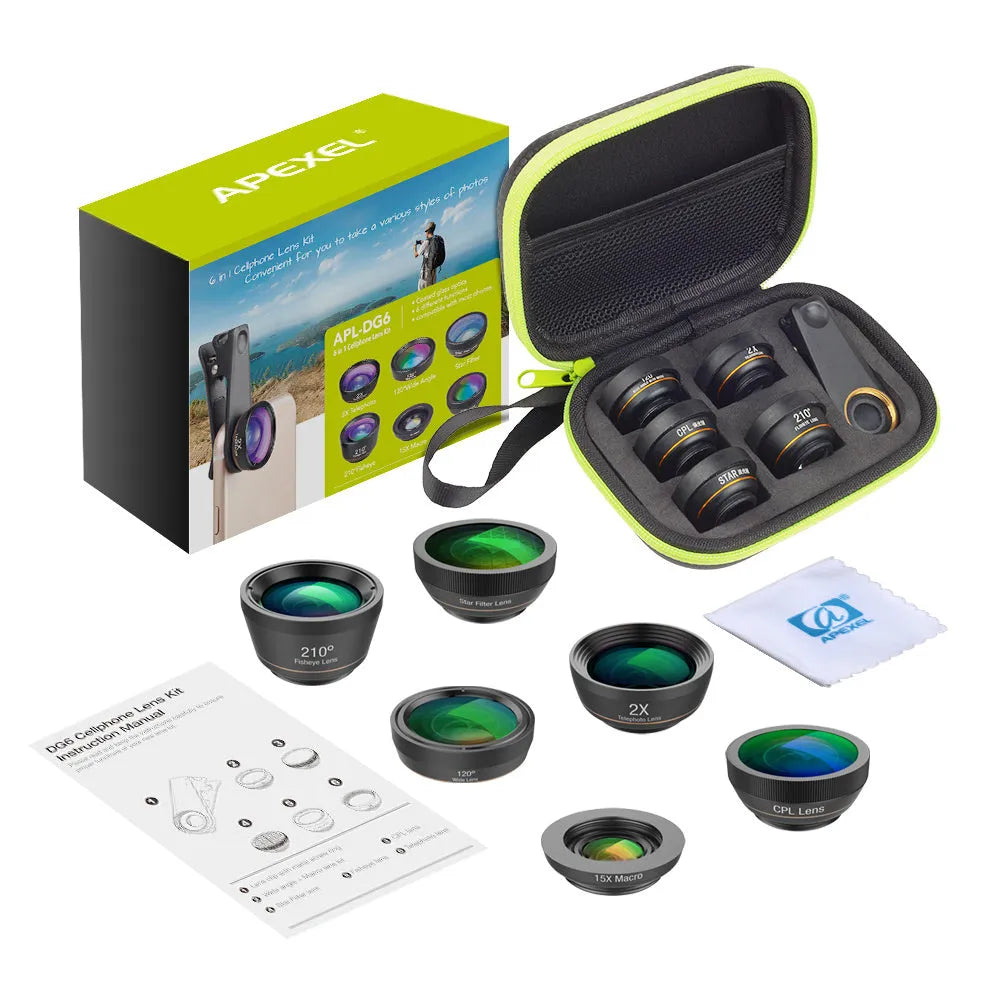 Black 6-in-1 smartphone camera lens kit with fisheye, macro, wide-angle, telephoto, CPL and star filter lenses on universal clip.