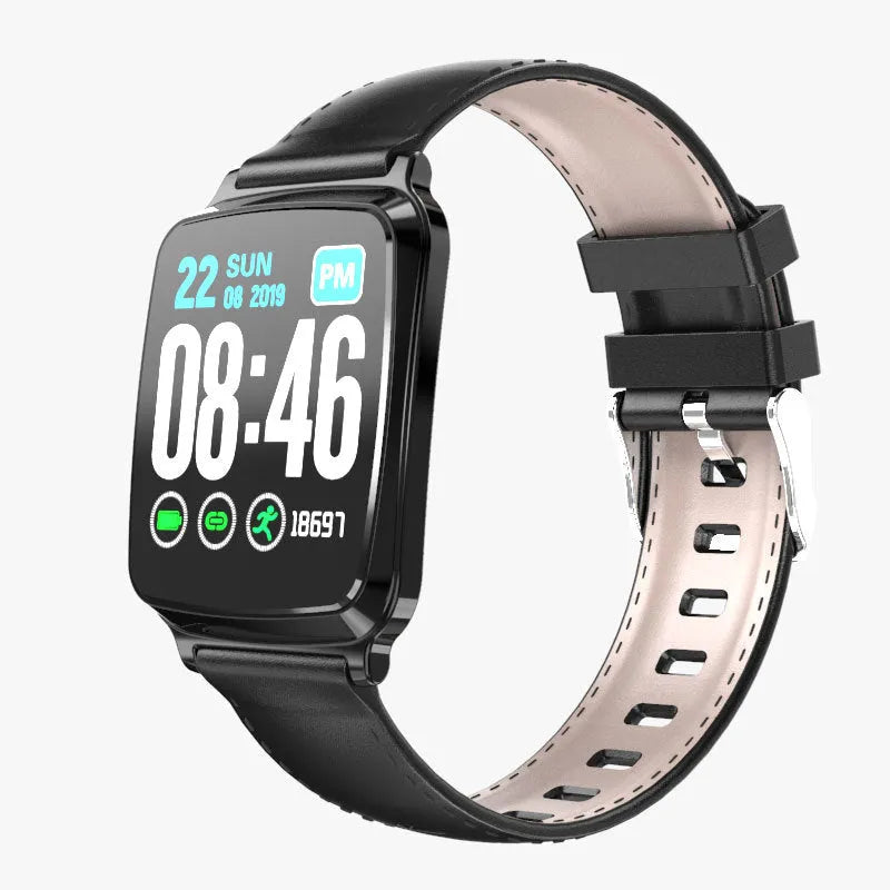 M8 round smart bracelet with heart rate monitor on a wrist, showing black, brown, gold, and silver colour options.