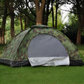 Green camouflage dome tent with mesh windows and steel ground nails setup outdoors