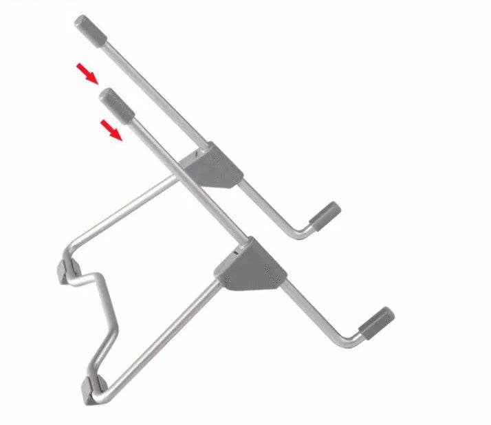 Grey aluminium alloy mobile phone and laptop stand on wooden desk