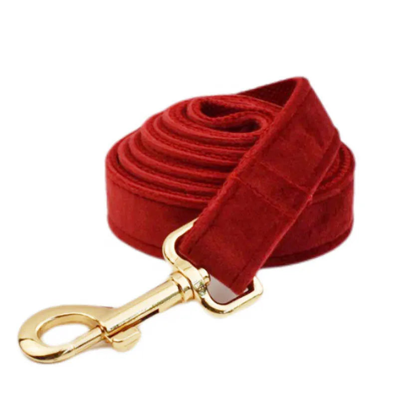 Cloth dog collar, leash, vest, bow tie, flower, and poo bag set for small to extra-large dogs