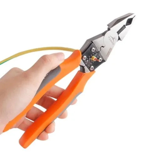 Orange-handled multi-function wire cutter pliers with chrome steel clamp head on a work surface