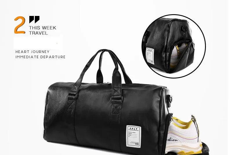 Black waterproof sports duffel bag with two side shoe compartments and diagonal straps, shown in large and small sizes.
