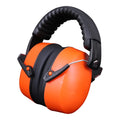Orange head-mounted noise-cancelling earmuffs with an adjustable elastic headband on a grey background.