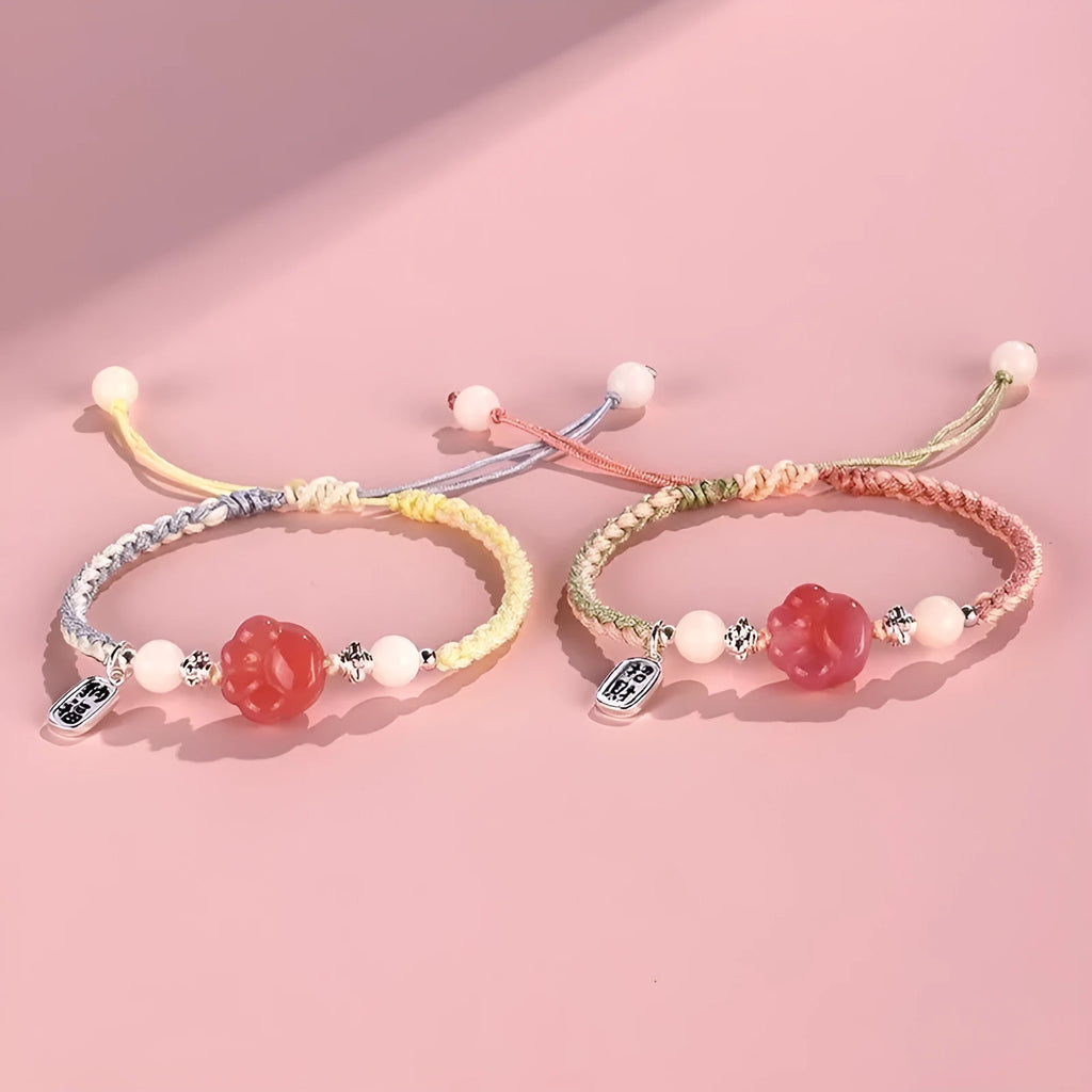 Red cat's paw woven bracelet for couples with glass charm in pastoral style
