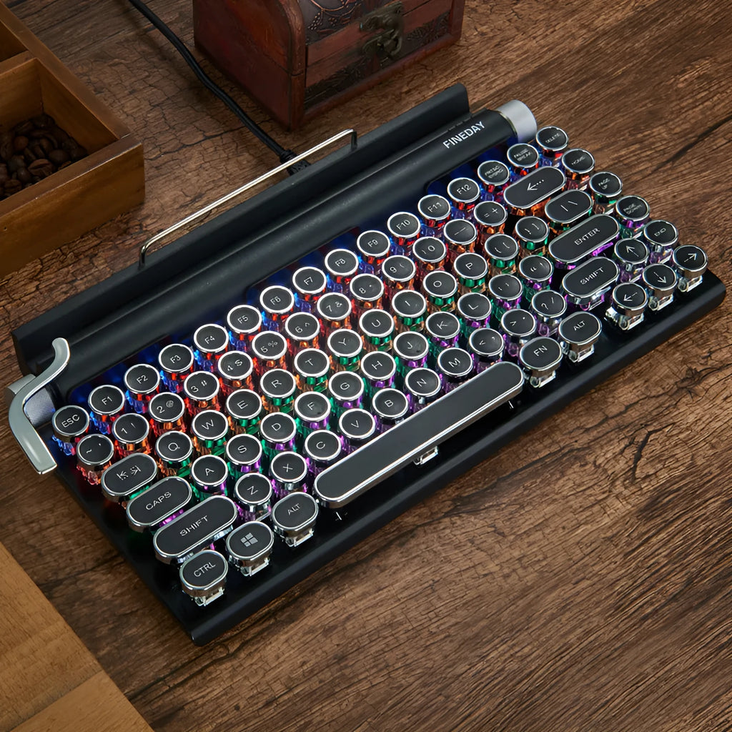 Black retro typewriter mechanical keyboard with backlighting and Bluetooth connectivity