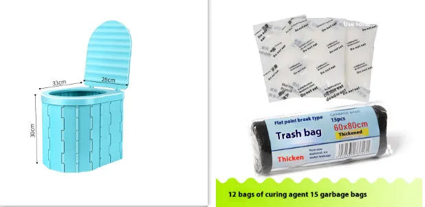Disposable emergency urine bag kit with black degradable bags and curing agent sachets.