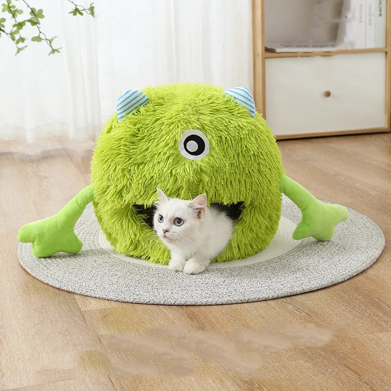 Round fluffy cat bed with plush surface and non-slip bottom in three size options