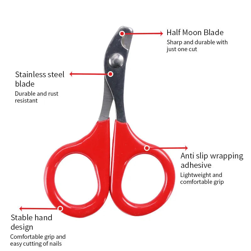Pet nail clippers with stainless steel blades and a coloured plastic and rubber anti-slip handle.