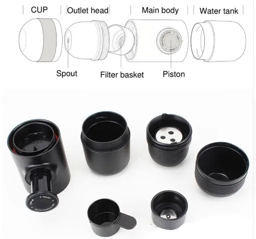 Black portable manual coffee machine measuring 6cm by 17.5cm with stainless steel components
