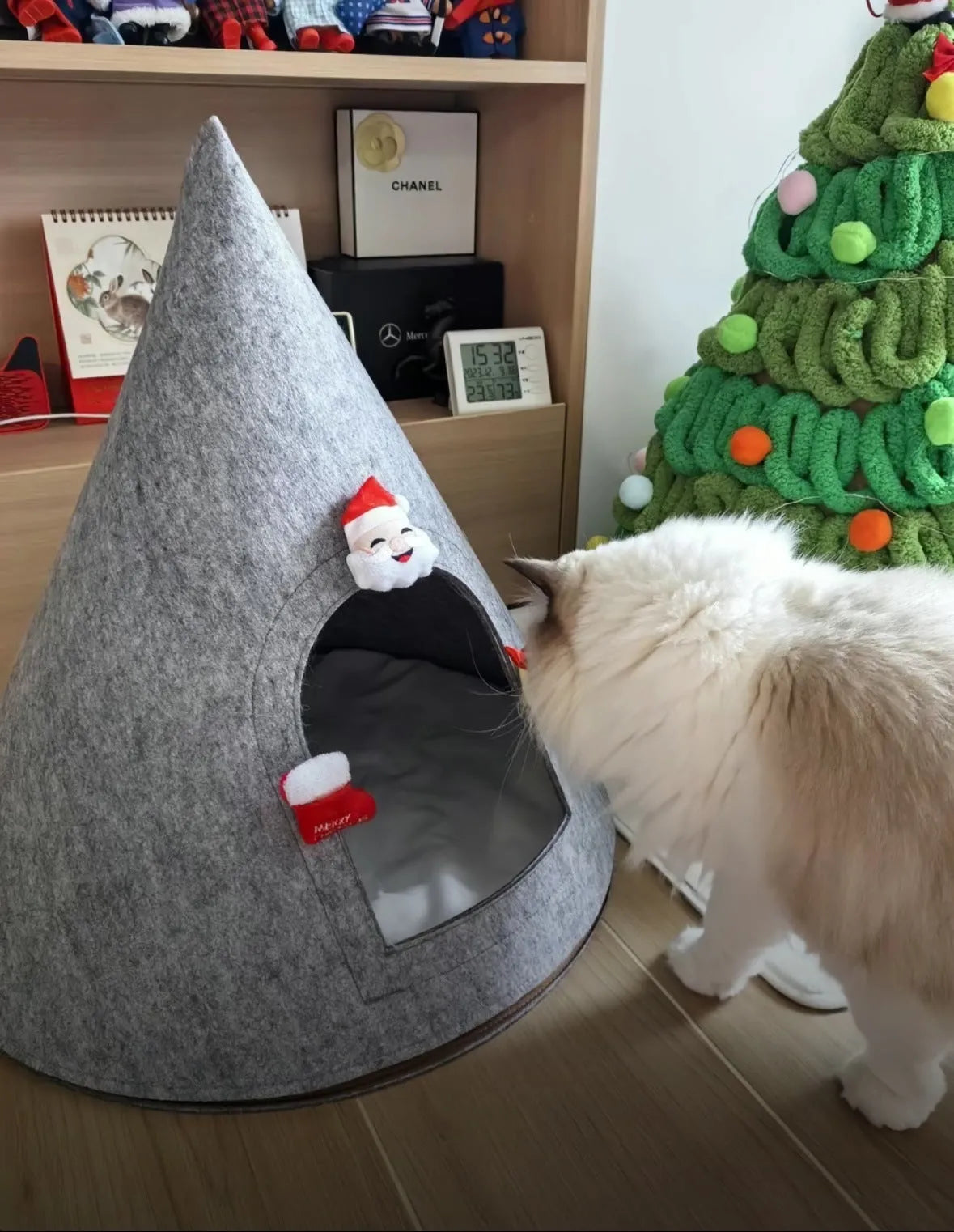 Grey handmade felt cone cat house with enclosed tent design measuring 50cm
