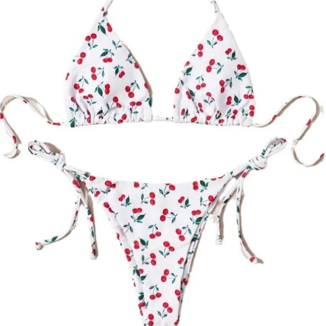 Holiday split halter bikini set in picture colour with backless briefs