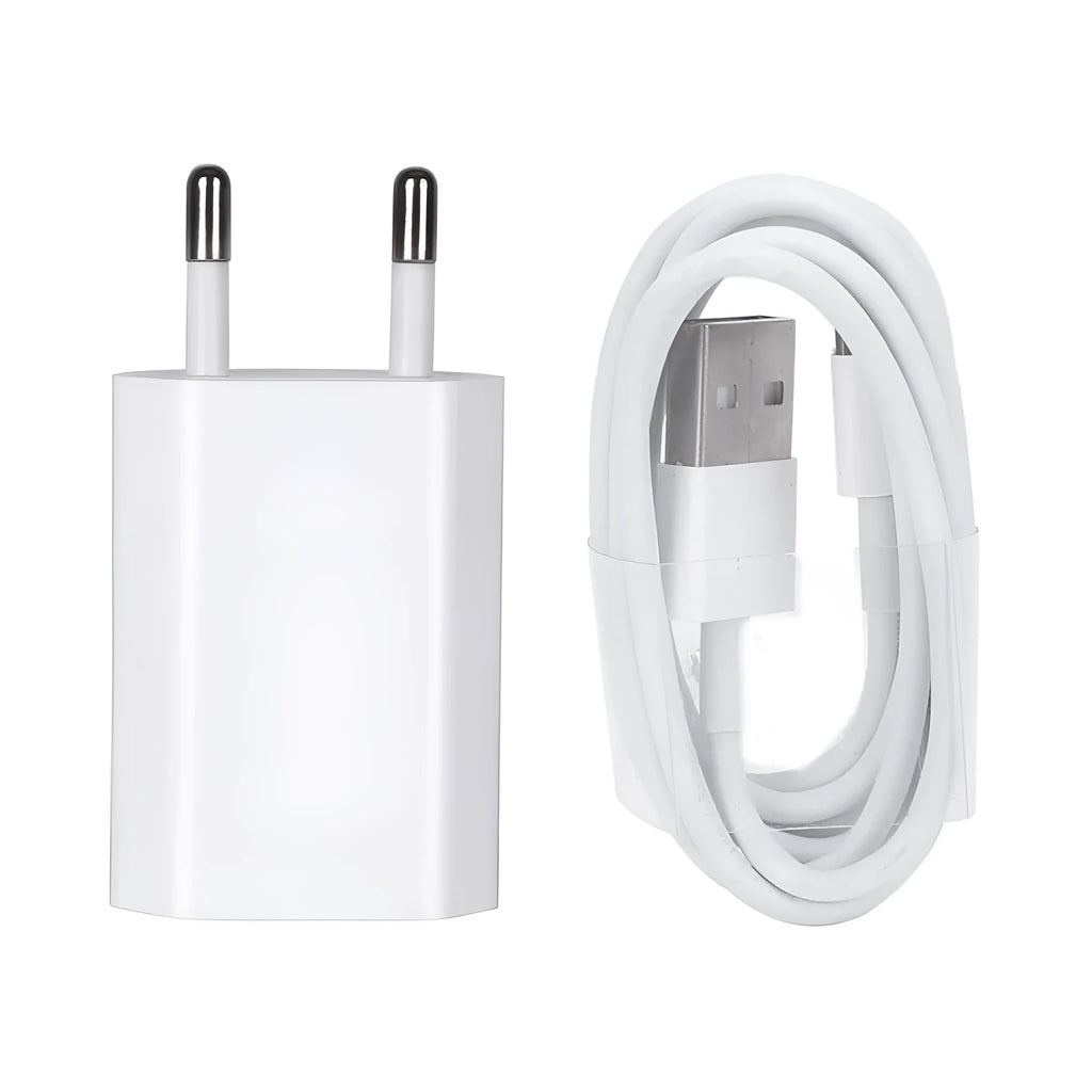 White 5V 2A USB travel charger for iPhone and iPad with optional charging cables