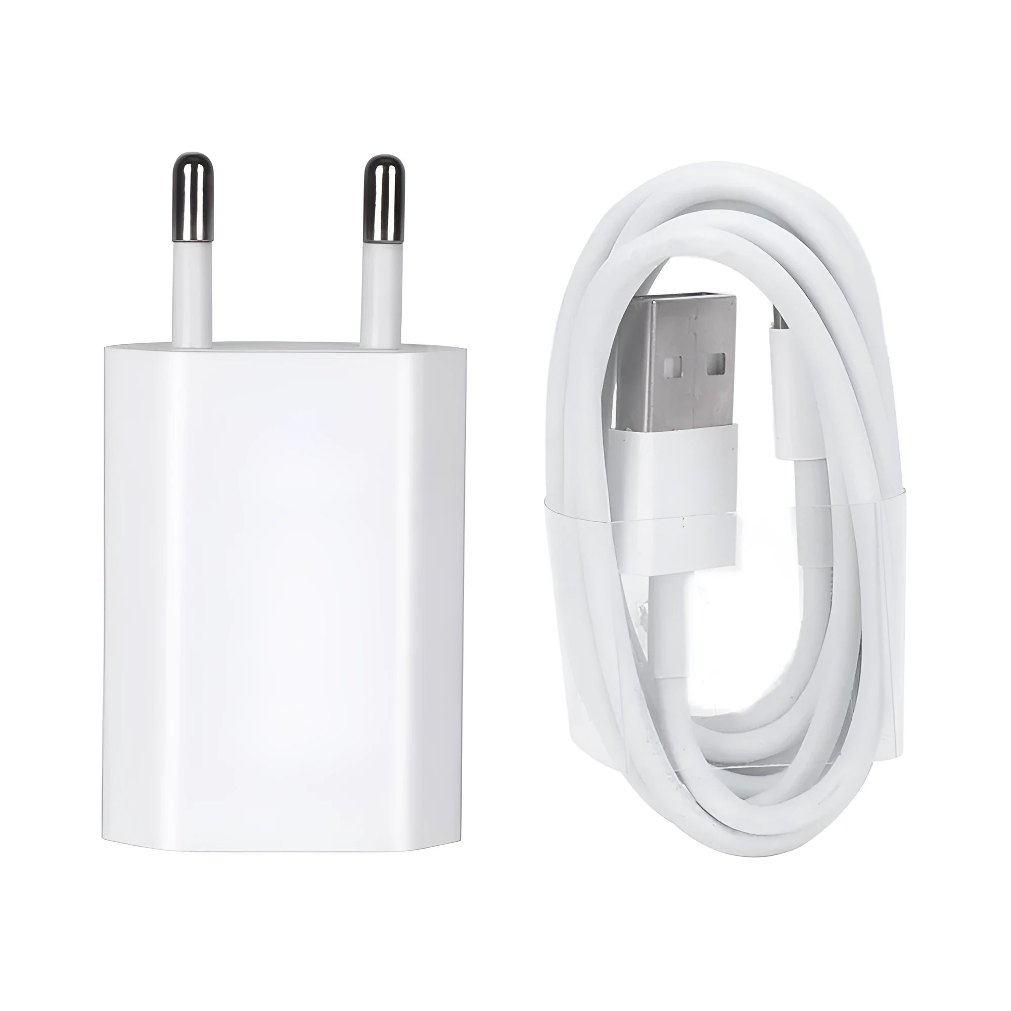White 5V 2A USB travel charger for iPhone and iPad with optional charging cables