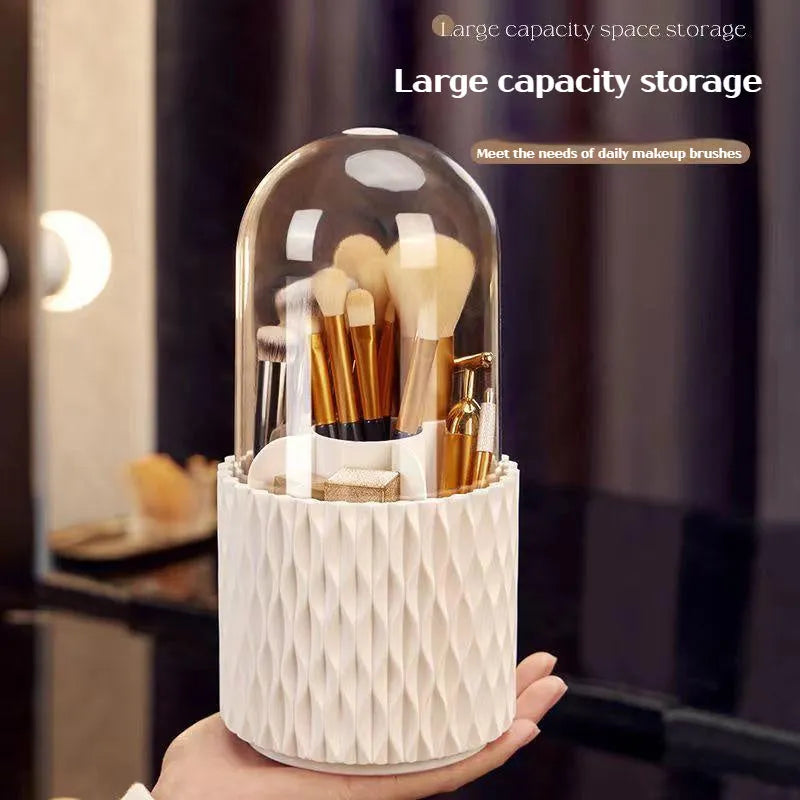 Transparent acrylic makeup brush storage box with rotating base and white brush tubes