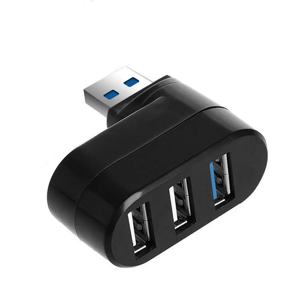 Black and white USB 3.0 four-port rotary splitter hub on a blister card packaging.