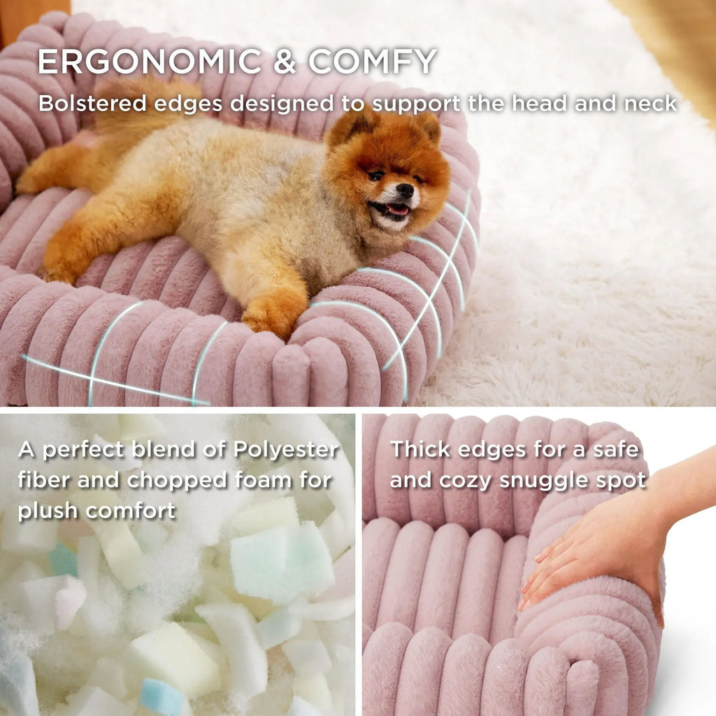A beige winter-warm cushioned pet bed for cats and dogs on a wooden floor.