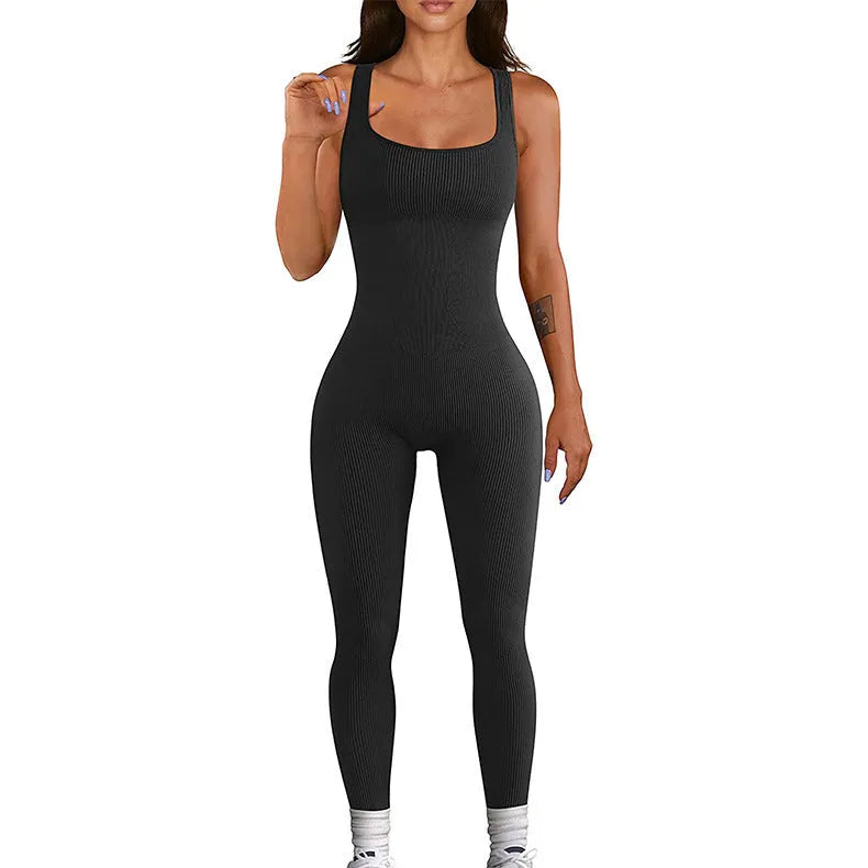 Women's beige suspender tank top tights with long sleeves and adjustable button straps on waist.